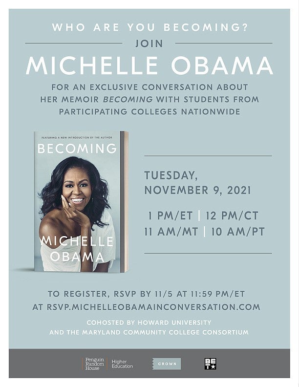 A photo of Michelle Obama's book BECOMING, with information about an upcoming conversation event