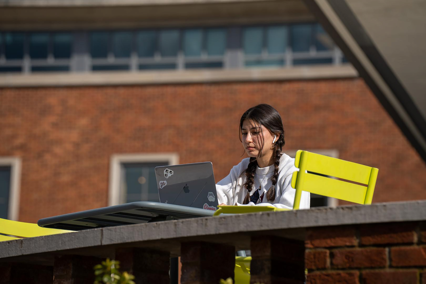 student on laptop outside in emu