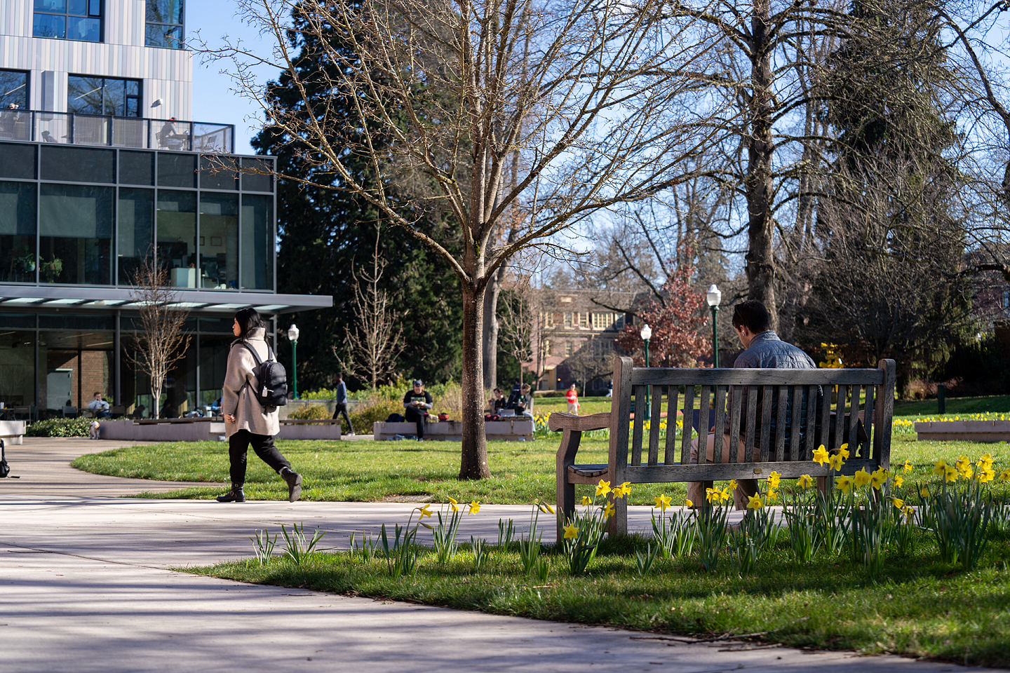 students walking around campus in the spring