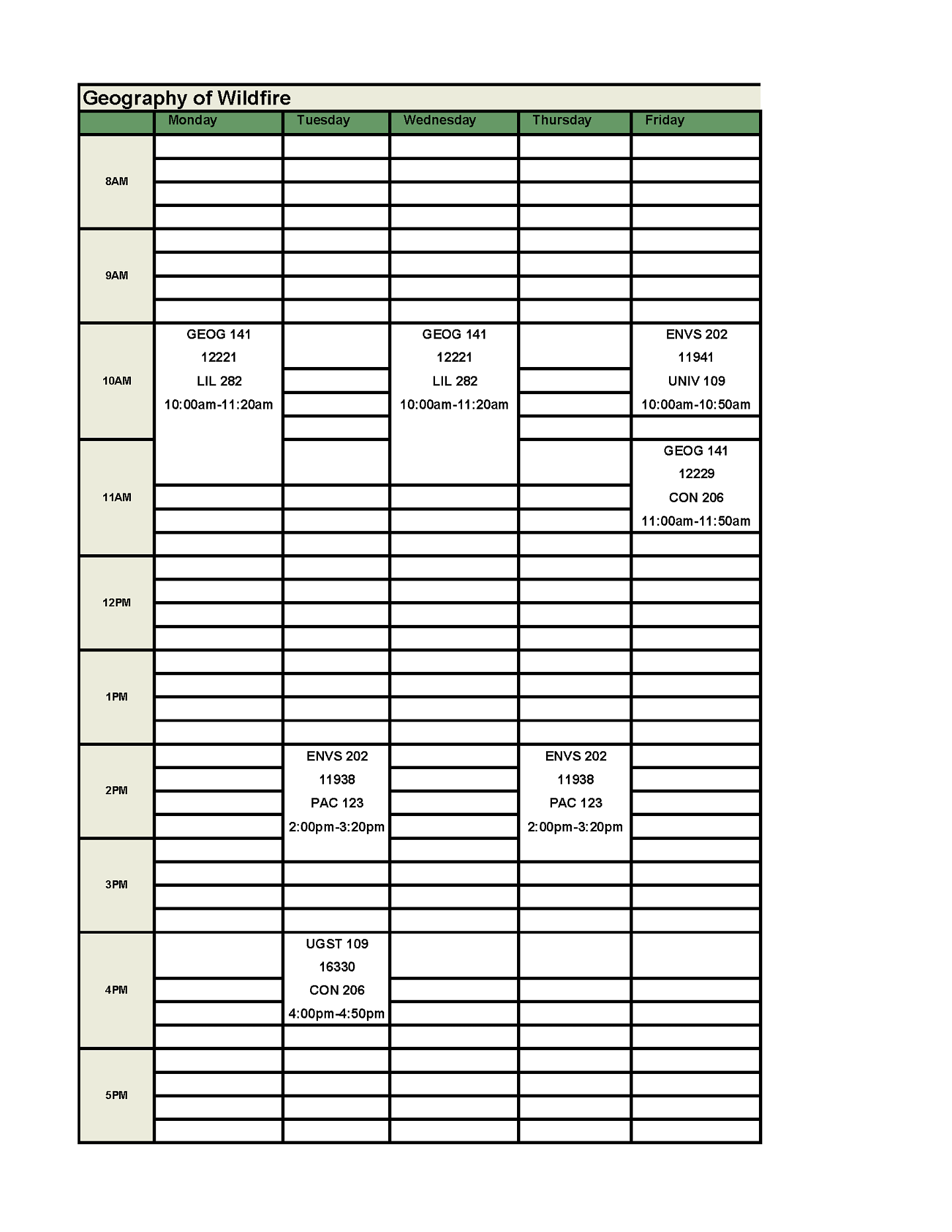 GEOG 141 meeting Mondays and Wednesdays from 10 am to 11:20 am and Fridays from 11 am to 11:50 am. ENVS 202 meeting Tuesdays and Thursdays from 2 pm to 3:20 pm and Fridays from 10 am to 10:50 am. FIG Seminar meeting Tuesdays from 4pm to 4:50 pm. 