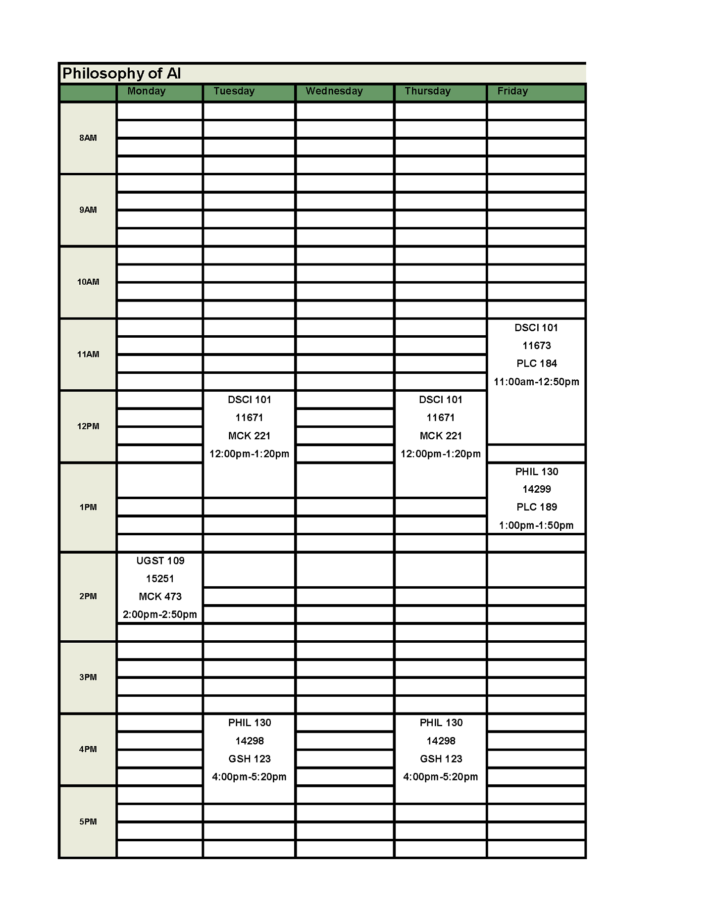 FIG Seminar meeting Monday from 2 pm to 2:50 pm. DSCI 101 meeting Tuesdays and Thursdays from 12 pm to 1:20 pm and Fridays from 11 am to 12:50 pm. PHIL 130 meeting Tuesdays and Thursdays from 4 pm to 5:20 pm and Fridays from 1 pm to 1:50 pm. 