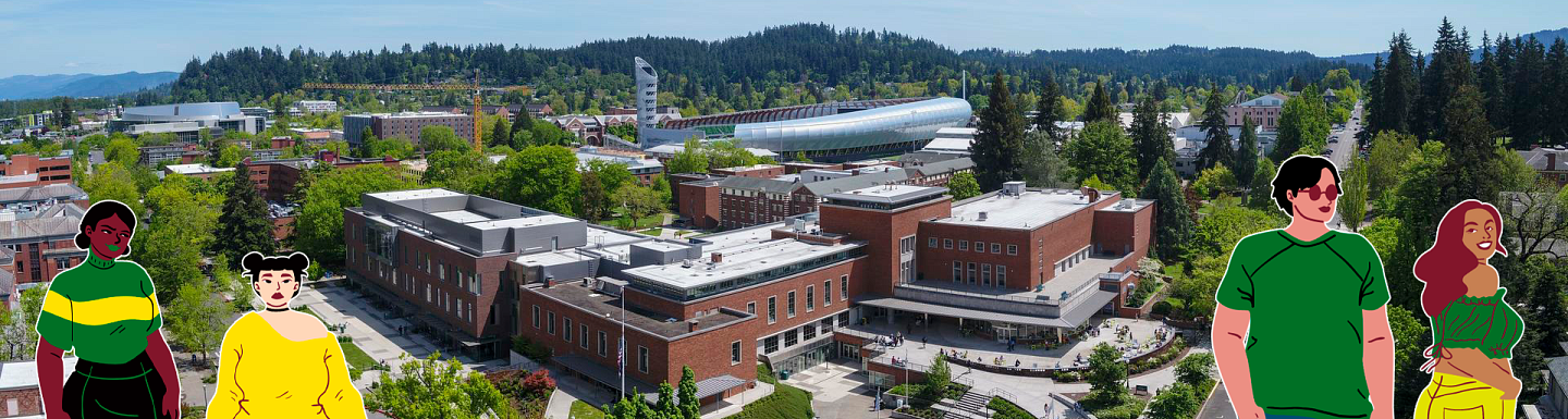 campus aerial with illustrated characters