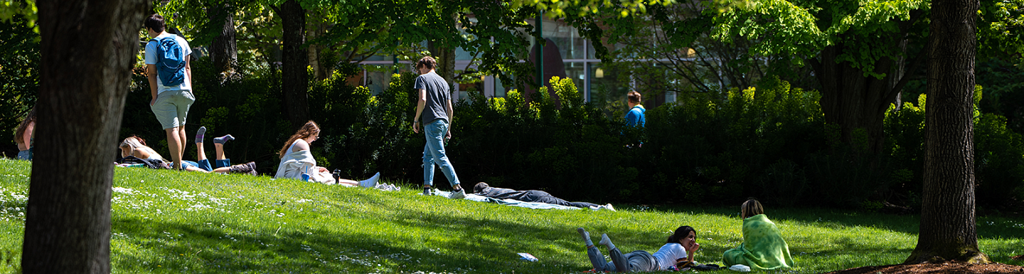 students sitting in grass during spring