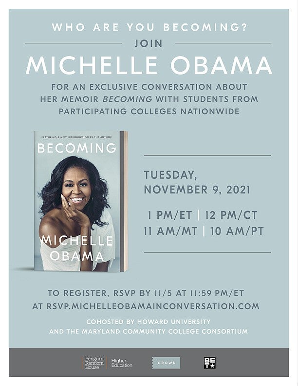 A photo of Michelle Obama's book BECOMING, with information about an upcoming conversation event